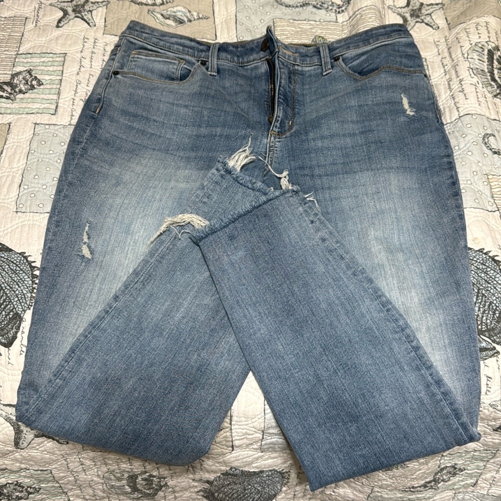 High rise distressed denim